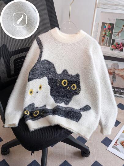 Girls' Cute Cat Pattern Faux Fur Knit Pullover Sweater, Suitable For Casual Everyday Wear, Spring/Autumn/Winter