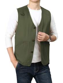Men's Casual Outdoor Cotton Vest Lightweight Breathable Multi-Pocket Fishing Travel Vests OutwearChristmas IQWV - 03-綠色 - 查看 1