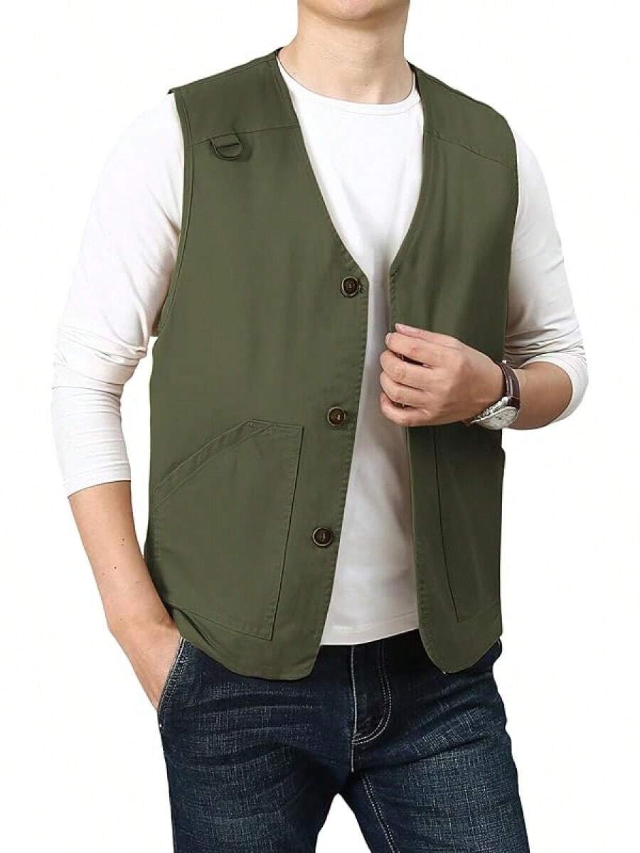 Men's Casual Outdoor Cotton Vest Lightweight Breathable Multi-Pocket Fishing Travel Vests OutwearChristmas IQWV - 03-綠色 - 查看 1