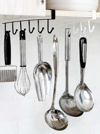 1 Pack Hanging Hooks Rack Under Cupboard Cabinet Cup Holder 6 Hooks Drilling Free Coffee Mug Holder Kitchen Utensil Storage Organizer Hook Rack