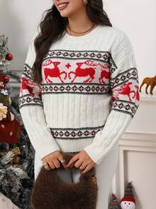 Plus Size Women's Christmas Casual Reindeer & Geometric Animal Pattern Sweater