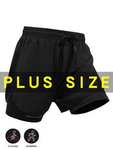 Plus Size Men's Printed 2-In-1 Fitness Shorts, Elastic Waist Training Pants, Breathable Summer Running 3/4 Tights Black Sports - Black - View 2