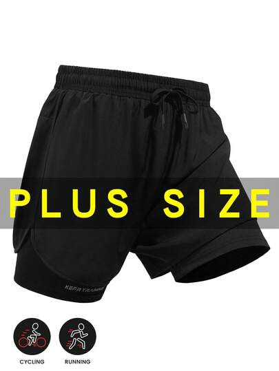 Quần short thể thao 2 trong 1 in họa tiết dành cho nam cỡ lớn, quần tập luyện cạp chun, quần bó sát 3/4 thoáng khí mùa hè, quần thể thao màu đen