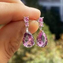 Charming Drop Earrings For Women Dazzling Pink Cubic Zirconia Elegant Female Exquisite Lady Fancy Jewelry Garment Accessories - 粉色 - 查看 7