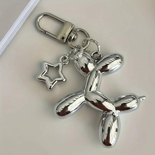Whimsical Silver Star Balloon Dog Keychain - Durable Resin And Metal Construction, Fashionable Women's Bag Backpack And Wallet Accessory, Adds A Touch Of Elegance To Your Daily Life