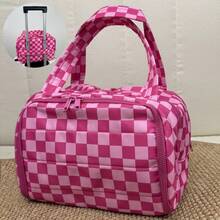 Checkered Toiletry Bag,Large Capacity Water-Proof Plaid Cosmetic Bag,Women Multi-Partitions Makeup Bag,Dust-Proof Wide-Open Puffy Organizers For Travel Accessories , Portable Travel Bag With Strap For Putting On Suitcase - Màu Hồng Tươi - Xem 7