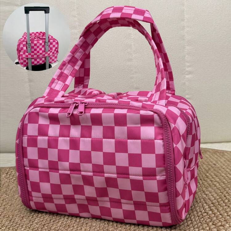 Checkered Toiletry Bag,Large Capacity Water-Proof Plaid Cosmetic Bag,Women Multi-Partitions Makeup Bag,Dust-Proof Wide-Open Puffy Organizers For Travel Accessories , Portable Travel Bag With Strap For Putting On Suitcase - Màu Hồng Tươi - Xem 7