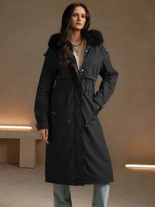 Risissida Women's Autumn/Winter Detachable Faux Fur Collar Thickened Down Jacket, Zipper/Button Closure, With Pockets - Black - View 2