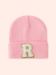 1pc Pink Children's Hat With 26 Letters, Knitted Beanie For Baby Boys And Girls, Warm For Outdoor And Daily Wear - Gold Label-pink Fluorescent Cap - View 24