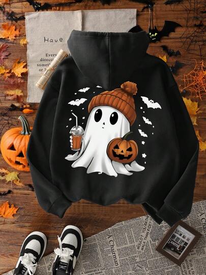 Damen Herbst/Winter Cartoon süßes Gespenst thermisch gefütterter Langarm Hoodie Sweatshirt mit Tasche, locker Lässig, Schwarz