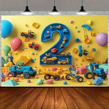 1pc 2D Vivid Construction Truck & Balloon Backdrop, 5.08cm Design - Ideal For Birthday Parties, Outdoor Celebrations & Festivals - Durable Polyester Material, No Electricity Required, Birthday Party Decor | Colorful Party Banner | Easy Setup Backdrop, Birthday Party Decoration