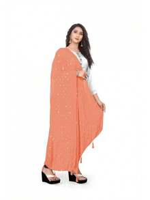 Woman's Embroidered Chiffon Dupatta Scarf Shawl Wrap Soft Bridal Wedding - Red - View 10