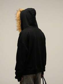 Men Hoodie Zip Up Y2k Zip Up Hoodie Fur Hooded Jacket Warm Winter Coat For Men With Hood Fur Collar Streetwearhalloween - 黑色 - 查看 5