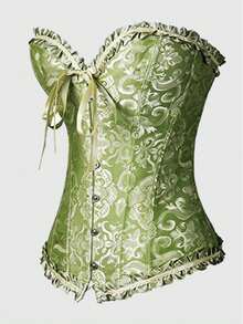 Lacing Corset For Women Lace Boned Overbust Body Shaper Bustier Sexy Satin Black White Brocade Lingeries Shapewear Top Plus Size S-6XL Green - 綠色 - 查看 7