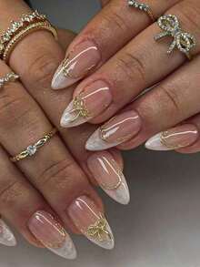 10pcs Handmade French Short Nail Stickers. This Manicure Set Includes 5 Colors: White, Pink, Gold, Blue, And Yellow, With A Charming And Design. Each Nail Sticker Is Decorated With Hand-Painted Vine Patterns That Wind Along Metallic French, And Are Embellished With Gold And Bow Accents. - 藕粉色 - 查看 2