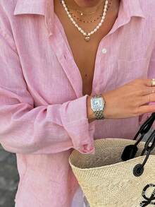 Look Polly Women's Solid Color Long Sleeve Shirt, Single Breasted Casual Fashion, Traceable Cotton Fall Women Clothes, Pocket Design, Back To School Clothes, Old Money Style Pink Top Women Christmas New Year Look Thanksgiving Shirt