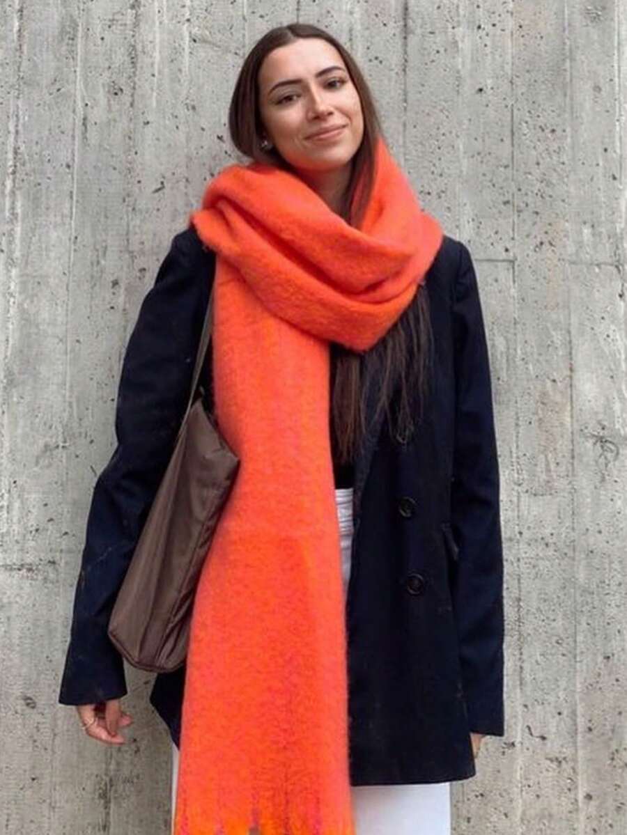 1条女士纯橙色优雅加厚胡须围巾,百搭学院风,适合秋冬季节,保暖百搭,购物和穿搭皆宜 - 橘色 - 查看 1