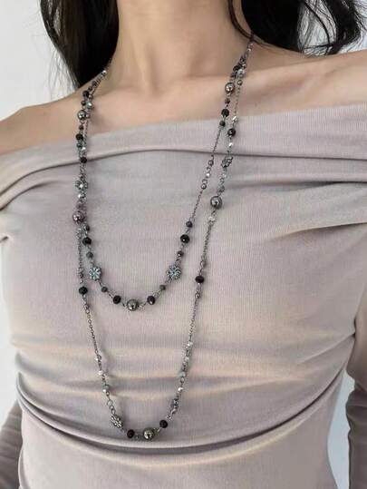 1pc Floral Crystal Ball Beaded Elegant Fashion Multi-Color Metal Long Necklace For Women, Suitable For Party, Banquet, Ball Matching Daily Outfit Accessories