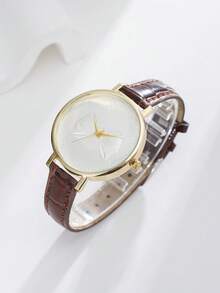 1 pieza Reloj de mujer, reloj de cuarzo de mujer simple con patrón de lazo, marrón con marco dorado de efecto tridimensional, adecuado para el uso diario y la fecha