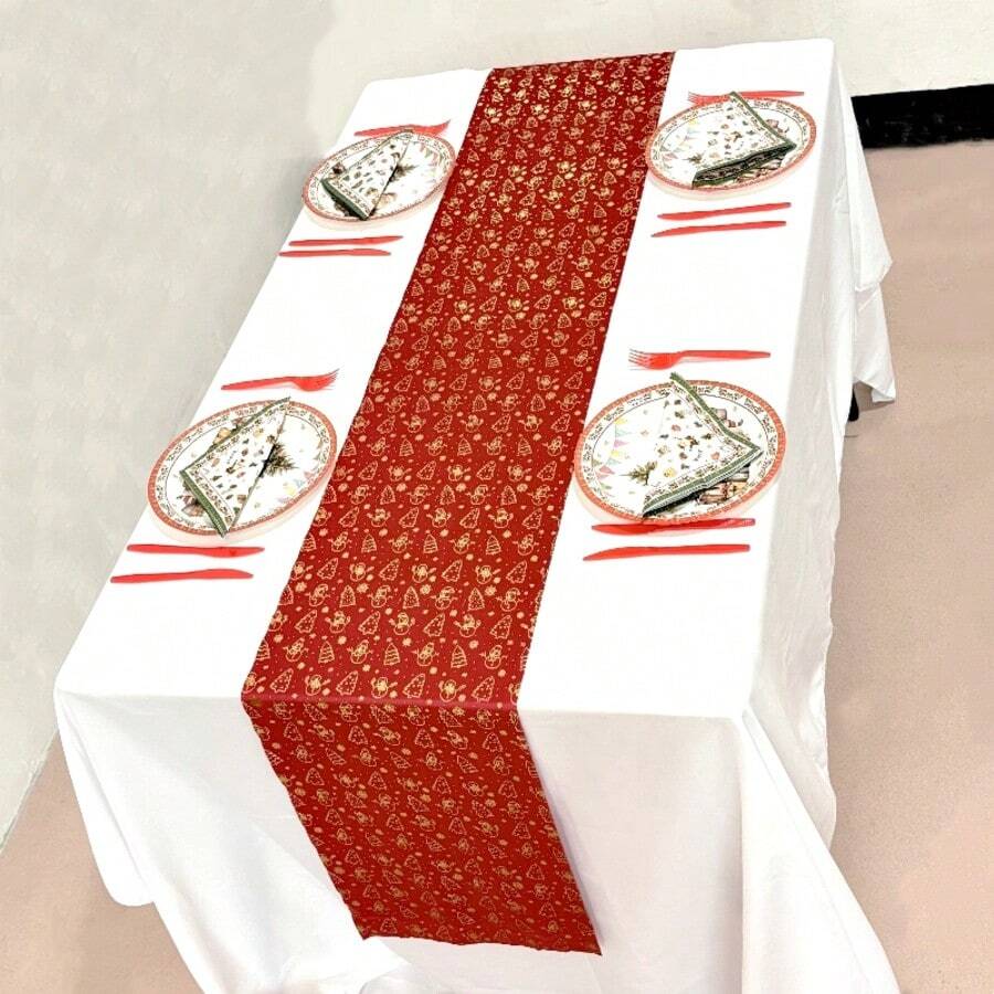 1pc 11.02*108.27inch Christmas Snowman & Christmas Tree Decorative Table Runner, Suitable For Christmas Dining Table Decor, Kitchen, Dining Room Daily Use, Theme Party Decoration, Holiday And Special Event Celebration - Solid Color - View 1