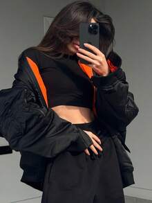 女式黑色飞行员夹克长袖休闲街头宽松秋冬外套 - 黑色 - 查看 2