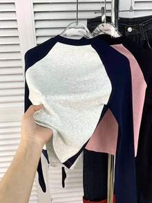 Camiseta para niñas, estilo deportivo casual con diseño de manga raglán y bordado de letras, para niñas/adolescentes de 8 a 12 años - Gris - Ver 8