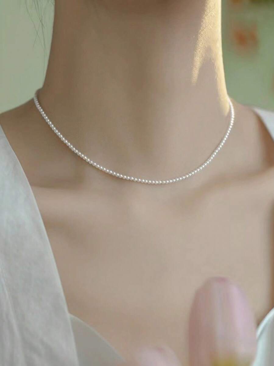 1 chiếc vòng cổ ngọc trai Pháp sáng bóng, kiểu dáng tối giản thanh lịch, vòng cổ choker màu vàng cao cấp, phụ kiện đa năng. - trắng - Xem 1