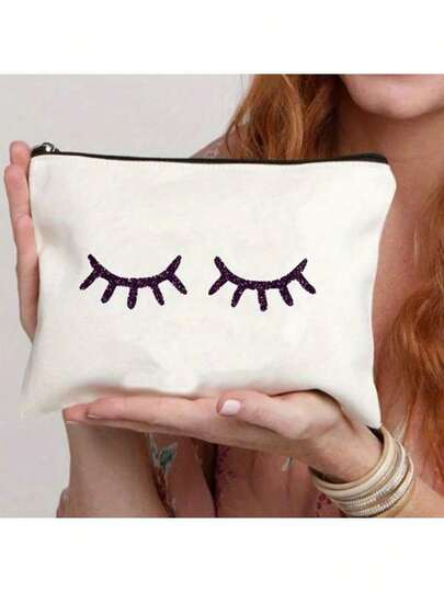 1 pieza Bolsa con cremallera con estampado de letra simple, bolsa de almacenamiento versátil con cremallera, bolsa de maquillaje portátil, bolsa, neceser de maquillaje, esencial de viaje