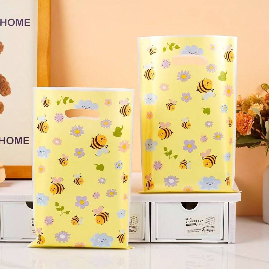 30/50pcs Floral Bee Gift Bags, Birthday Party Favor Bags, Birthday Party Decorations, Snack & Candy Packaging Bags, Gift Wrapping Supplies, Tote Bags, Storage Pouches