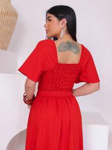 Women's Long Dress In Um Duna Fabric With A More Elaborate Design And A Belted Cup - لون مشمشي - مشاهدة 5