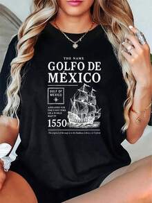 100% Algodón Unisex La Camiseta con el Nombre Golfo de México Apareció en 1550, Camisetas Gráficas - Camiseta de Manga Corta Impresa - Negro - Ver 1