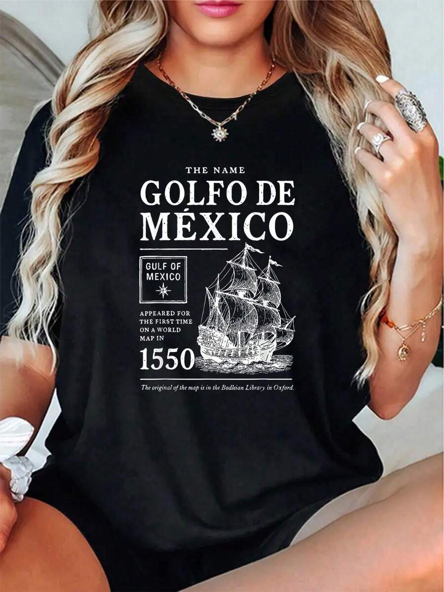 100% Algodón Unisex La Camiseta con el Nombre Golfo de México Apareció en 1550, Camisetas Gráficas - Camiseta de Manga Corta Impresa - Negro - Ver 1