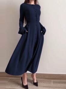 女士通勤长袖单排扣休闲衬衫裙，纯色，休闲梭织面料，常规版型，建议春季选购大一码，优雅百搭。 - 寶藍色 - 查看 4