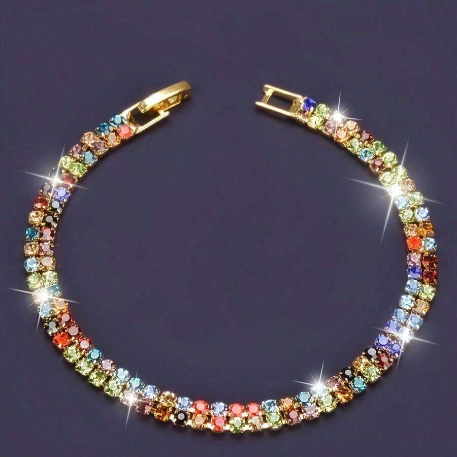 Elegant Multicolor Gemstone Women's Tennis Bracelet - Vintage Bohemian Style, Sparkling Cubic Zirconia, Adjustable Gold Clasp - Ideal For Valentine's Day And Christmas