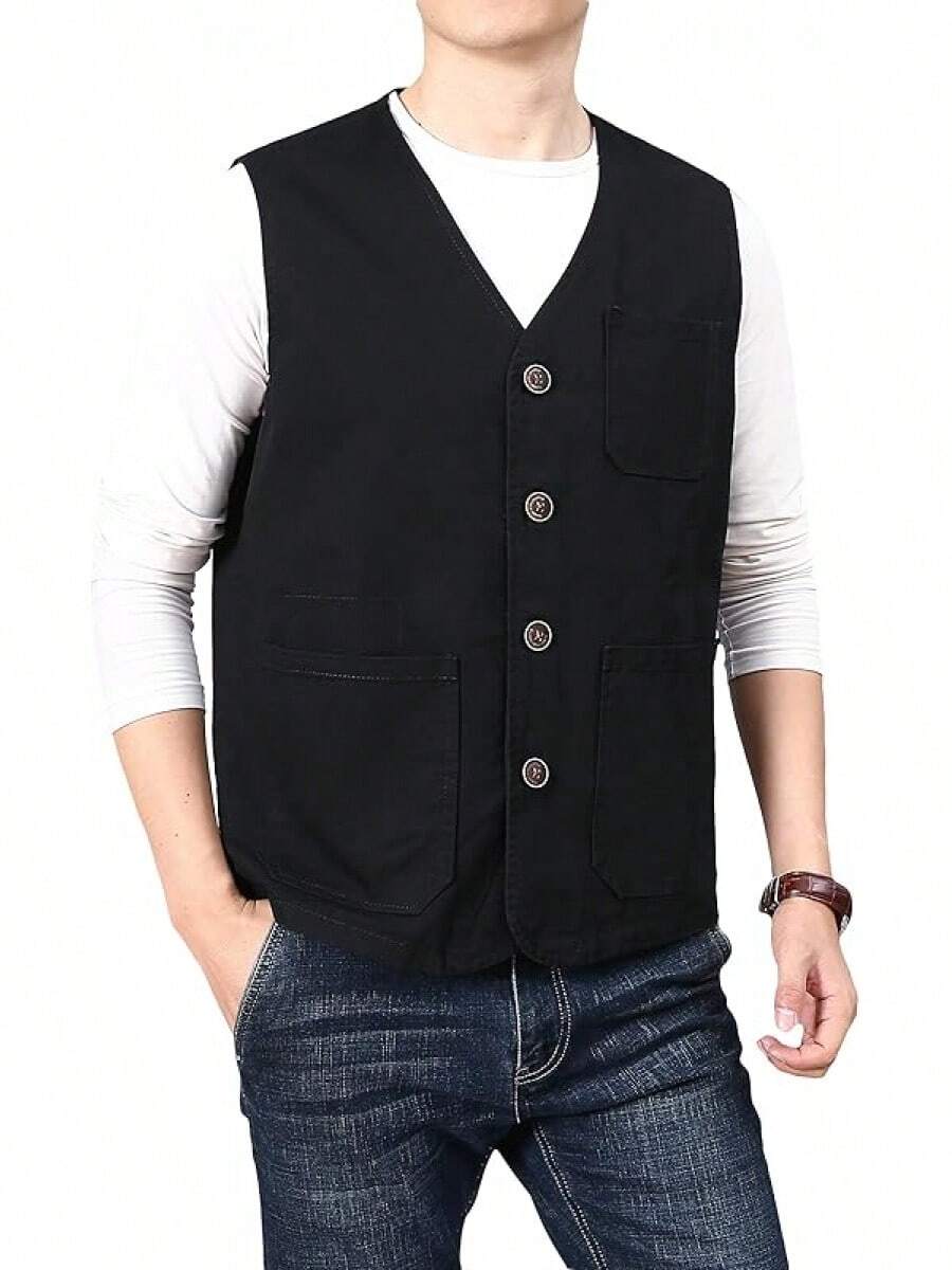 Men's Casual Outdoor Cotton Vest Lightweight Breathable Multi-Pocket Fishing Travel Vests OutwearChristmas IQWV - 02-黑色 - 查看 1