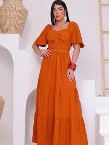 Women's Long Dress In Um Duna Fabric With A More Elaborate Design And A Belted Cup - Camel - View 2