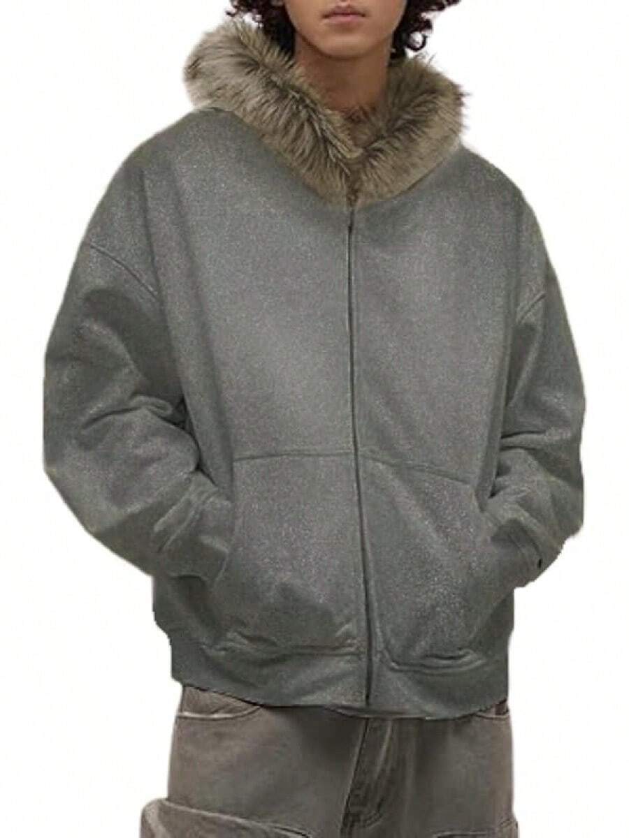 Y2k Zip Up Hoodie Fur Hooded Jacket Warm Winter Coat For Men Fur Collar Hoodies Streetwear Unisex Streetwear-20256688 - 灰色 - 查看 1