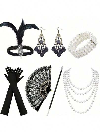 1920er Jahre Frauen Party Make-up Ball Kopfschmuck, Federhaarbänder, Ohrringe, Handschuhe, Armband, Zigarettenhalter, Spitzenhandventilator, 7-teiliges Party Set für Halloween/Gatsby-Party Abschlussball