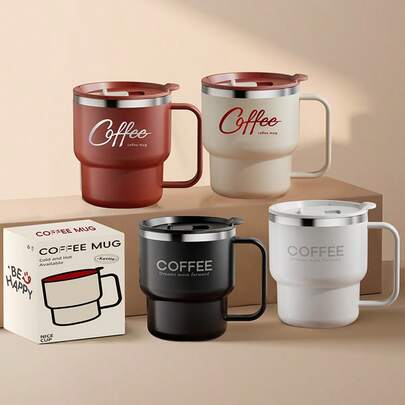 1pc 400ML 304 Stainless Steel Coffee Mug With Handle & Lid, Double Layer Thermal Insulated Coffee Cup, Anti-Scalding Milk Tea Water Cup, Leak-Proof Drinking Cup For Hot & Cold Water, Suitable For Adults & Students Use In Home, School, Dorm, Office, Party, Picnic And Camping Back To School