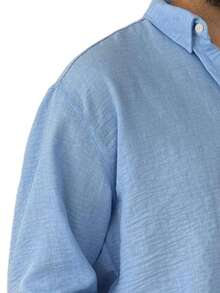 Men's Solid Blue Casual Long Sleeve Shirt, Outdoor Leisure Minimalist Fashion Shirt, Casual Jacket - Blue - View 2