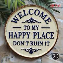 2D Flat, Antique Metal Welcome Sign - Welcome To My Happy Place, Don't Ruin It -.8X.8inch , Vintage Iron Wall Decoration With Floral Decoration, Suitable For Home, Porch, Garden, Cafe, Bar, Etc., Outdoor Vintage Iron Wall Art, Metal Wall Decoration - 彩色 - 查看 6