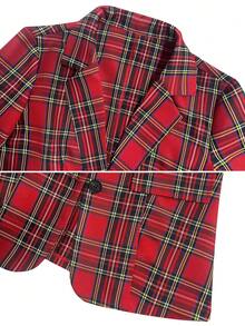 Women's Casual Christmas Plaid Single-Breasted Fitted Long Sleeve Blazer - Red - View 4