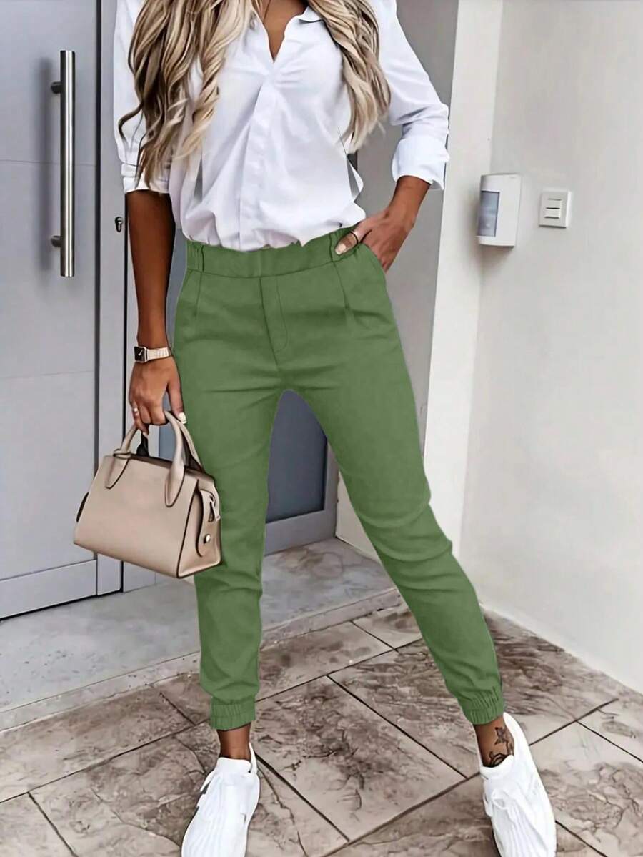 IGKEEL Elegant High-Waisted Slim Fit Women's Pants For Autumn/Winter - Solid Color With Slant Pockets And Button Details, Perfect For Work, Casual And Commuting - Green - View 1