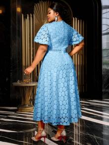 Light Blue Lace Dresses A Line Party Short Puff Sleeves With Lining Plus Size Women Birthday Gowns - 淺藍色 - 查看 2