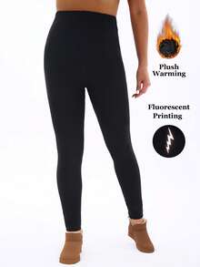 1 Pack Women's Thermal Lined Black Leggings With Reflective Lightning Print, Glow-In-The-Dark Design, Soft & Comfortable For Yoga, Workout, Outdoor Activities, Casual Wear, Stretchy & Slimming - Black - View 2