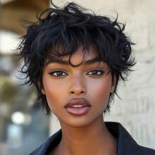 Layered Short Loose Wave Pixie Cut Human Hair Wig For Women Natural Black Colored Human Hair Wig With Bangs Remy Peruvian Human Hair Wig Rose Net Full Machine Made Holiday Wear Party Wear Music Festival Mother's Day Carnival Valentine's Day Halloween All Saints' Day Christmas Day Cosplay Spring Summer Autumn Winter Local Warehouse Wear And GO New Product Discounts Wigs For Black Women - Natural Black - 查看 5