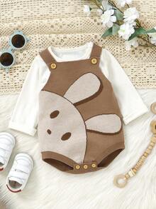 Infant Knit Romper, Cute Rabbit Jacquard Coffee Color Jumpsuit, Triangle Snap Crotch Design Overalls, Casual Minimalist Style