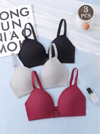 3 件/套前扣无缝舒适优雅提升文胸 - 柔软透气，提升胸部轮廓 - 女性必备日常内衣，自信内衣