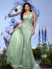 Elegant Sweetheart Pink Beaded One Shoulder Back Tie Women Gown Dress For Dinner Party, Party Night, Cocktail Party (Heavily Embellished) - Mint Green - View 2