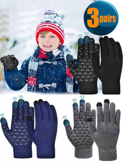 3 双儿童冬季触屏手套，适合跑步、骑自行车、足球、橄榄球、户外运动，针织保暖手套，适合男孩和女孩